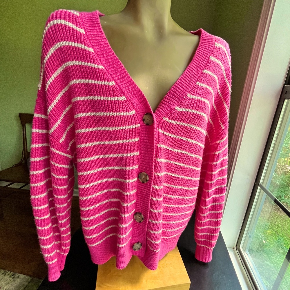 Chunky Birdseye Knit Barbie Pink Striped Oversized Cardigan - Size Large